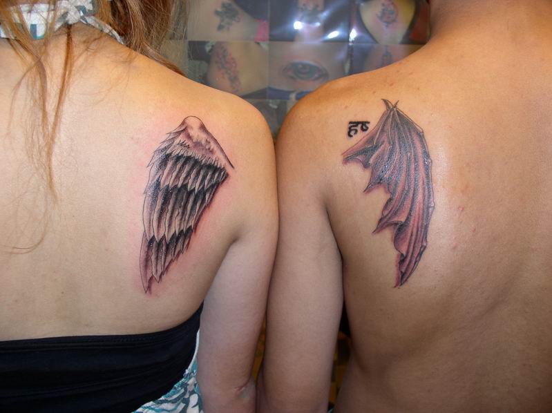 In this free lover tattoo flash, the girl has an angel wing tattoo while the 